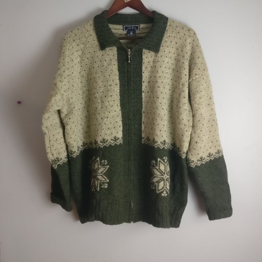Vintage Nordic Full Zip Dad Sweater, 100% Wool Green Collared Snowflake print, L